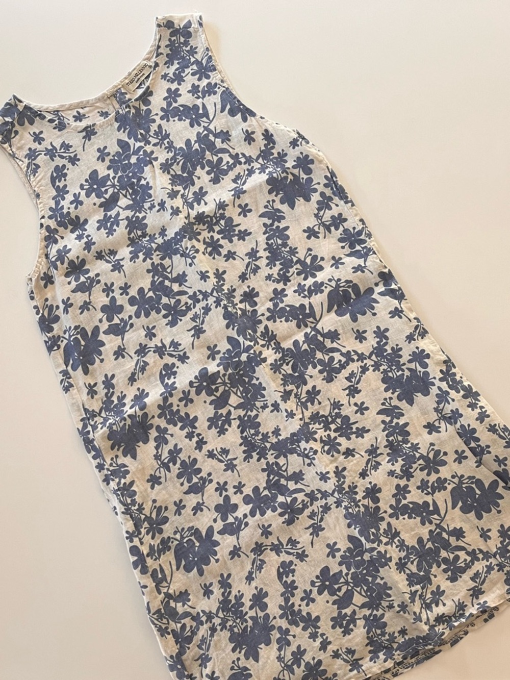 Terzo Millennio Italian Linen Dress Cream & Blue Floral, Luxury, Like New, XS